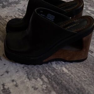 Candie's Dark Leather and Wood Mules